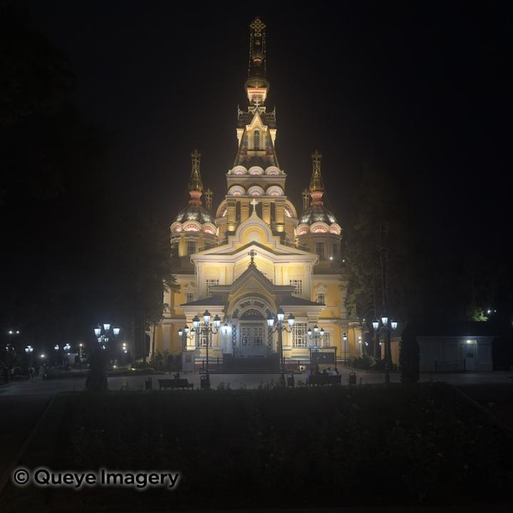 Ascension Cathedral at night, Park of 28 Panfilov Guardsmen, Almaty, Kazakhstan